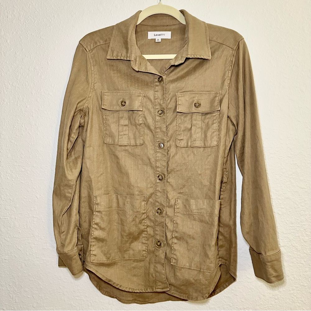 Level 99 Linen Blend Tan Button Down Utility Shirt